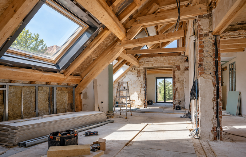 Charpente en bois et fenêtre de toit sous une pente de comble en cours de rénovation