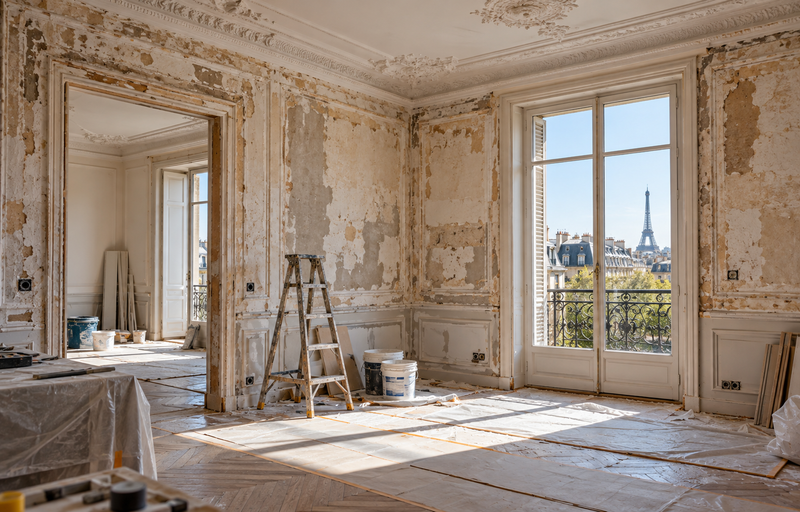 Stripped Haussmannian room mid-renovation with masked mouldings, bare plaster walls and covered parquet by a tall window