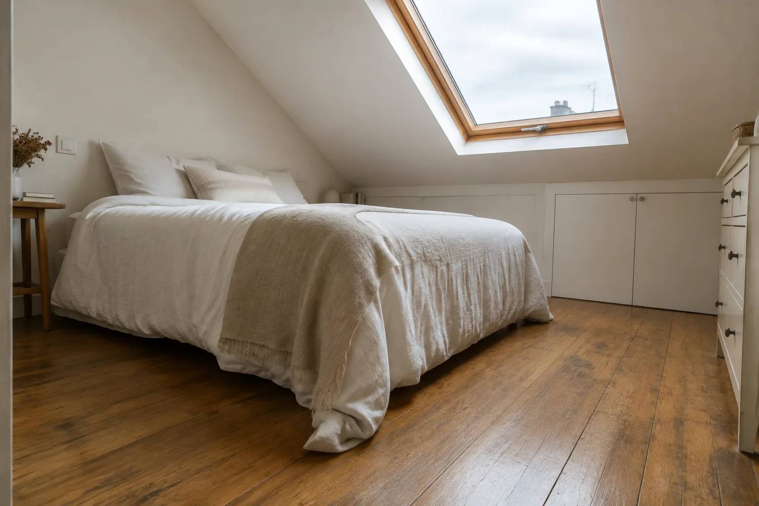 Petite chambre sous les toits mise en scène, lit clair, mur blanc et fenêtre de toit dégagée sur parquet ancien