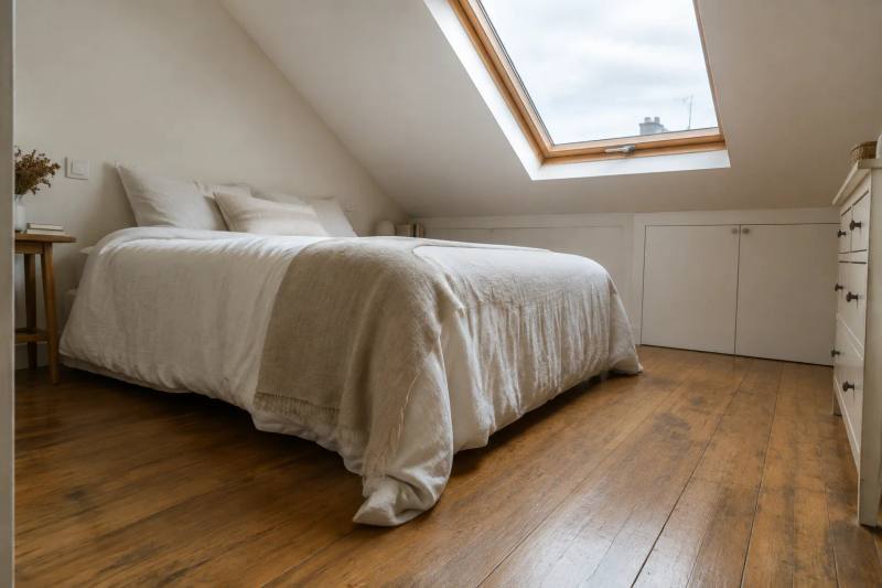 Petite chambre sous les toits mise en scène, lit clair, mur blanc et fenêtre de toit dégagée sur parquet ancien