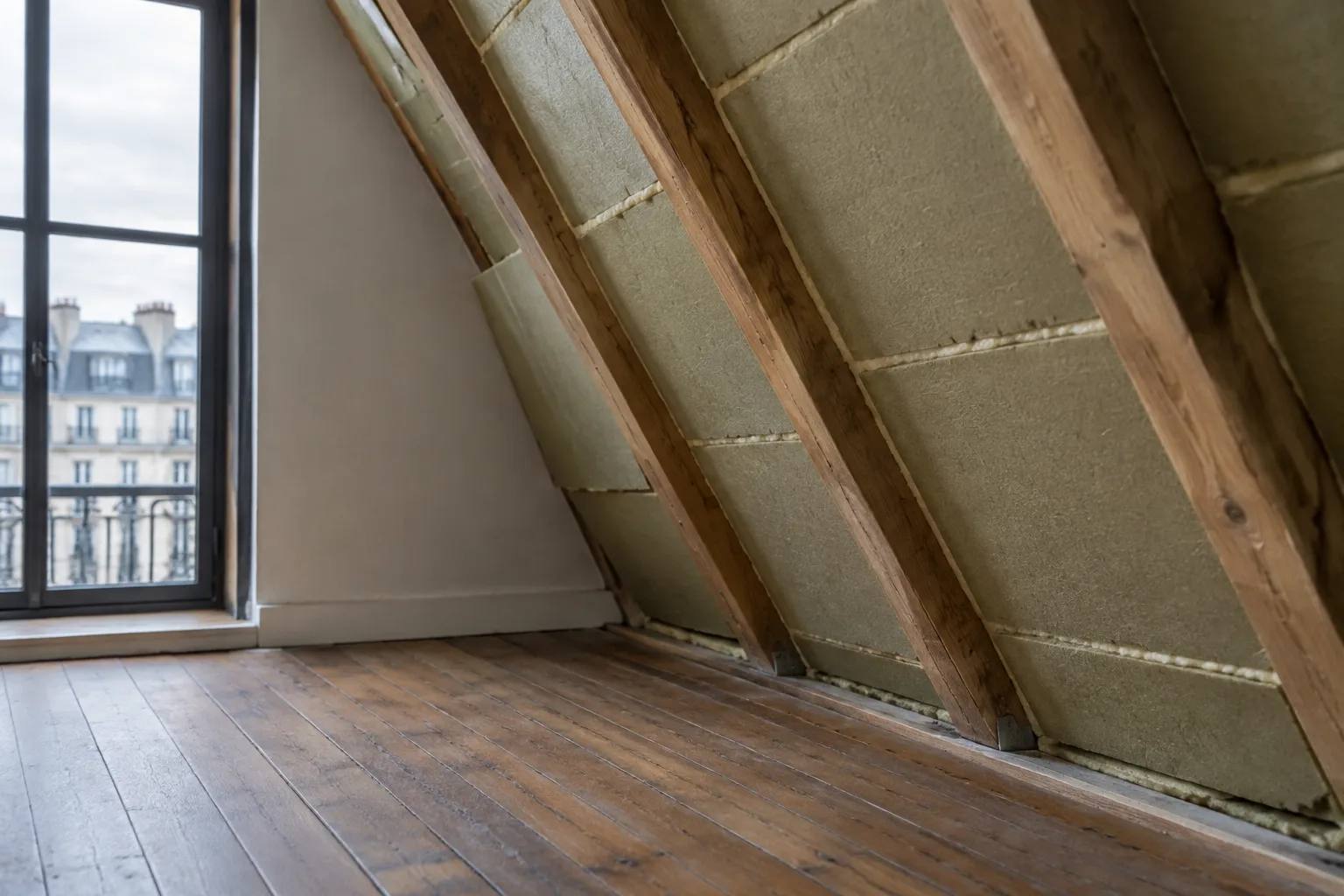Panneaux d'isolant posés entre chevrons d'une mansarde, au-dessus d'un parquet en chêne près d'une fenêtre en acier