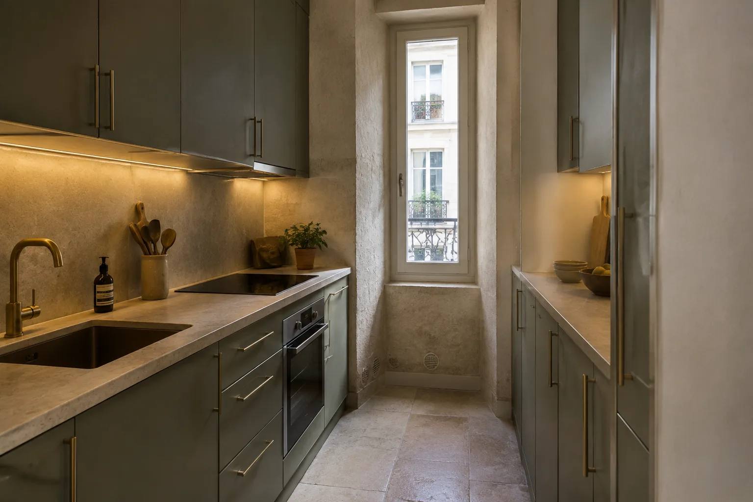 Small modern kitchen built into an old Paris service room with brass handles and a narrow window