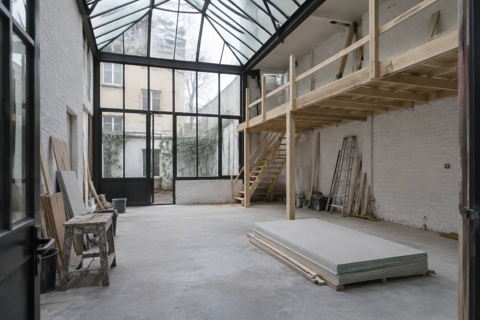 Ancien atelier d'artiste sous verrière en cours de transformation en logement, mezzanine en bois brut et plaques de plâtre au sol