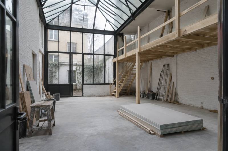 Ancien atelier d'artiste sous verrière en cours de transformation en logement, mezzanine en bois brut et plaques de plâtre au sol