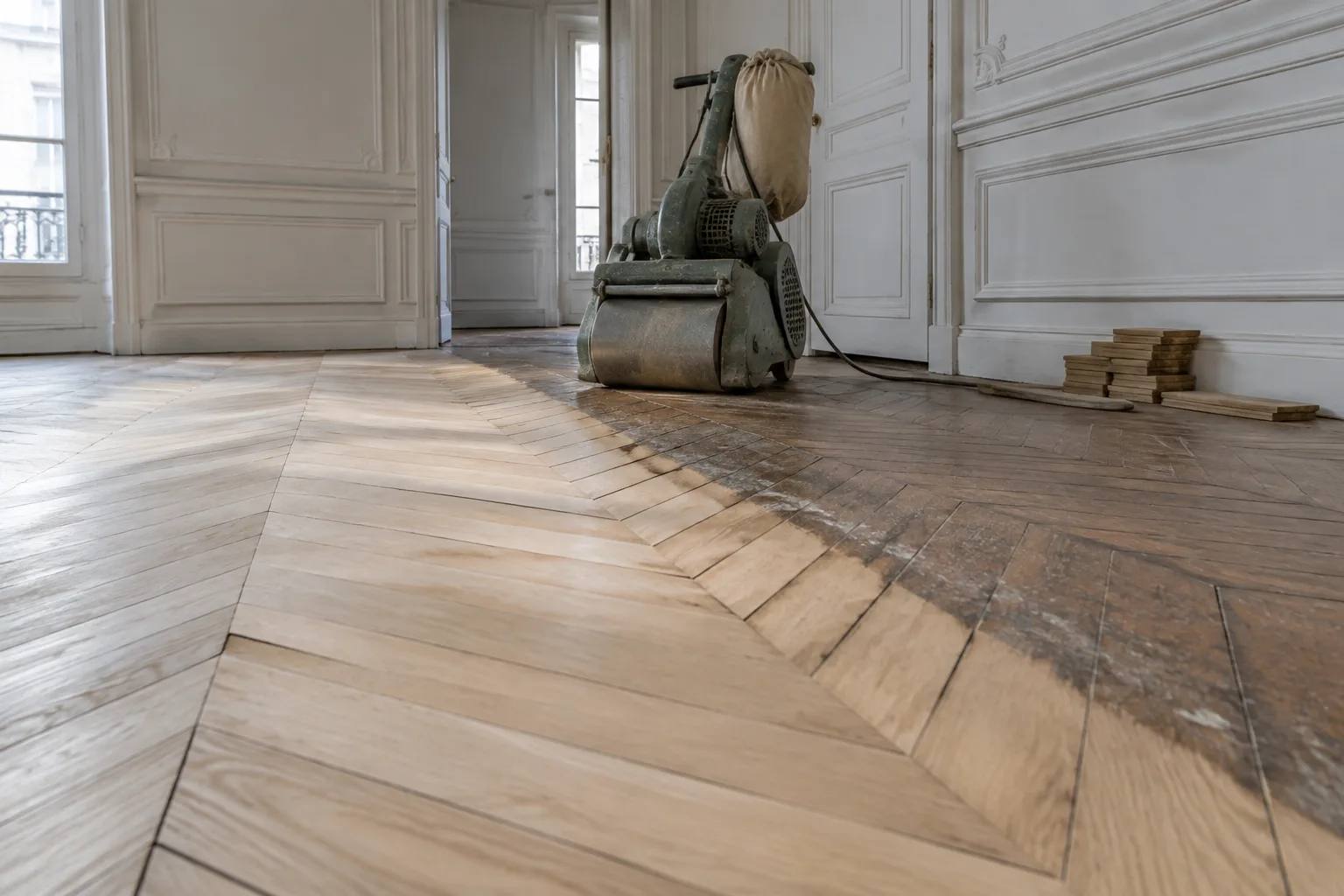 Parquet ancien à moitié poncé, bois clair d'un côté et teinte sombre de l'autre, ponceuse posée à la limite