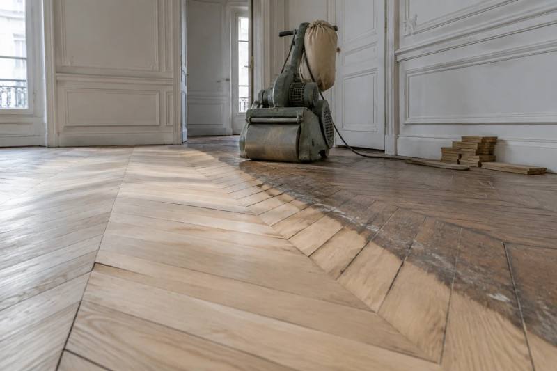 Parquet ancien à moitié poncé, bois clair d'un côté et teinte sombre de l'autre, ponceuse posée à la limite