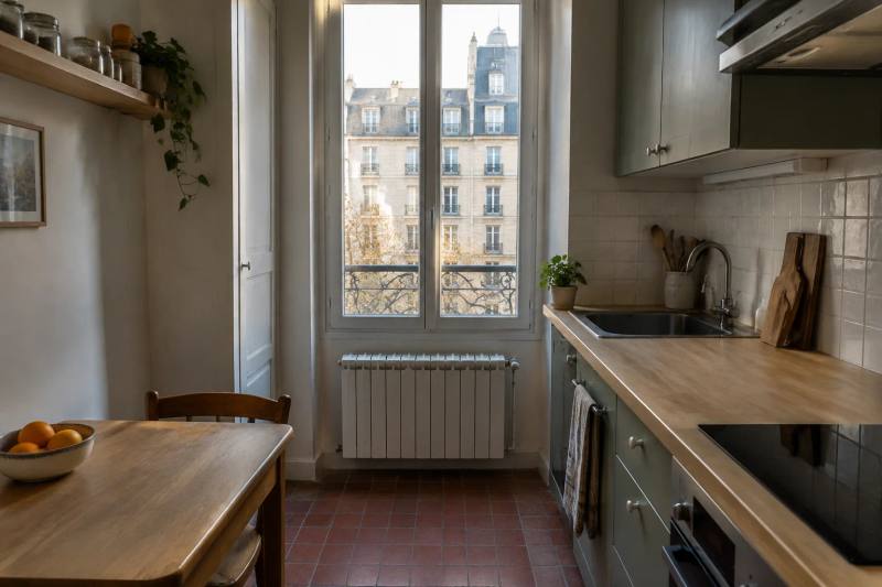 Petite cuisine sous les toits avec fenêtre double vitrage neuve, mur isolé et radiateur basse température