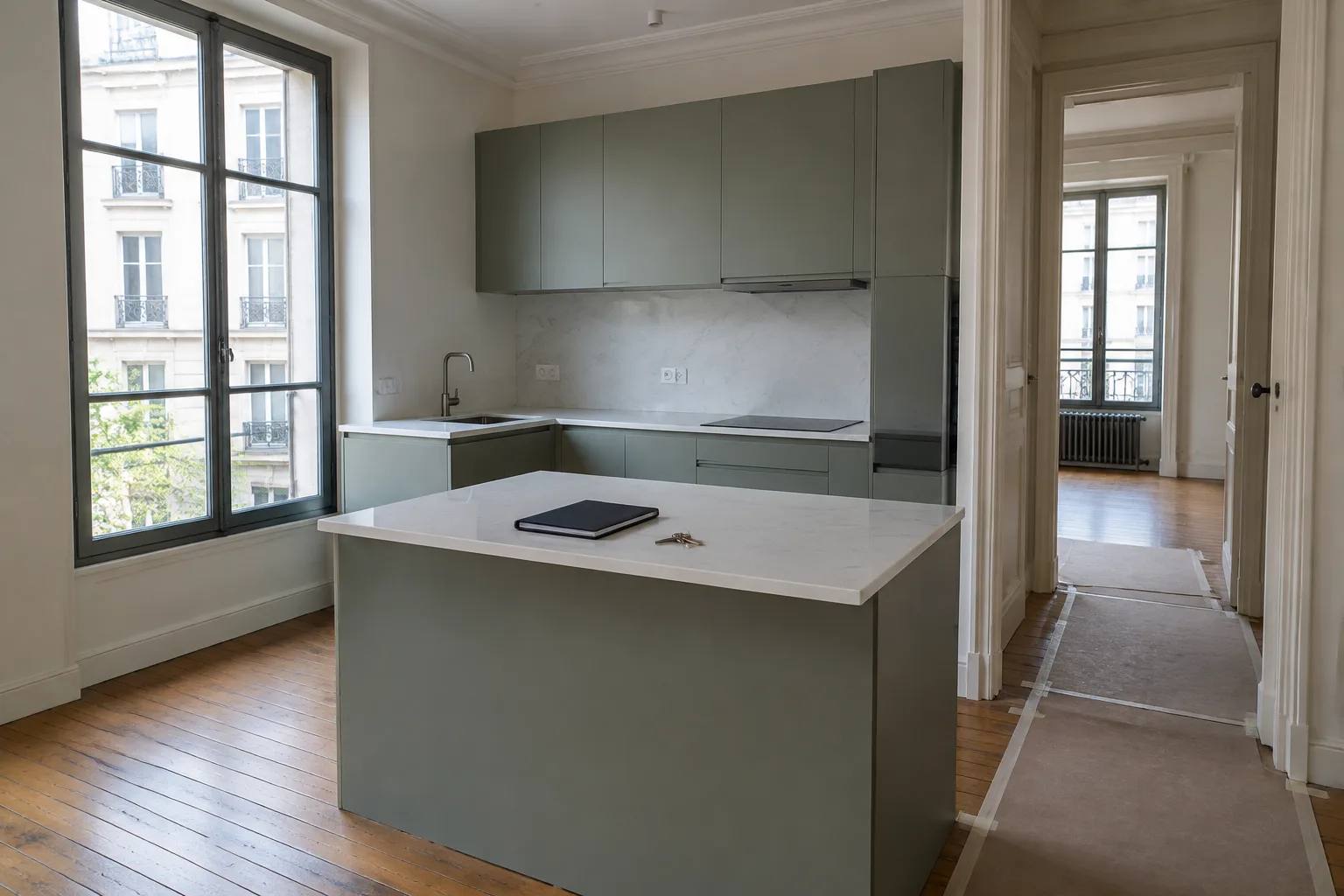 Cuisine rénovée le jour de la réception des travaux, protection encore scotchée au sol, dossier fermé et clés sur le plan de travail
